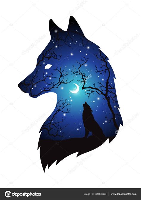 Double Exposure Silhouette Of Wolf In The Night Forest Blue Sky With
