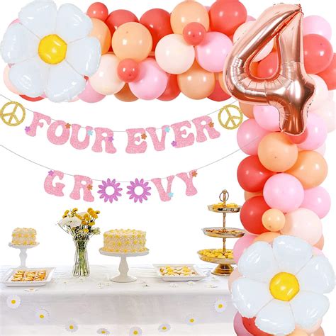 Groovy 4th Birthday Party Decorations Boho Daisy Balloon Garland Arch