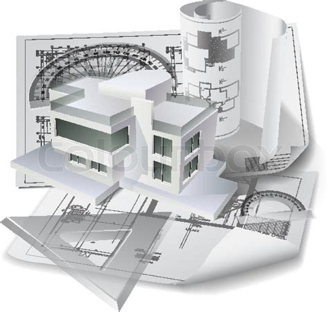 Architectural Background With A 3d Building Model And Rolls Of