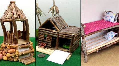 3 Easy Wooden Crafts From Tree Branch Miniature Hut And Bunk Bed Best