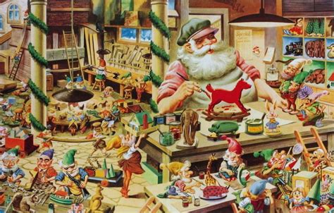 Vintage Santas Christmas Toy Factory With Elves Working Impressionism