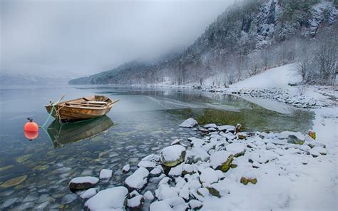 Nature Landscape Snow Lake Mountains Winter Boat