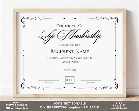 life membership certificate template editable printable elegant certificate of life membership