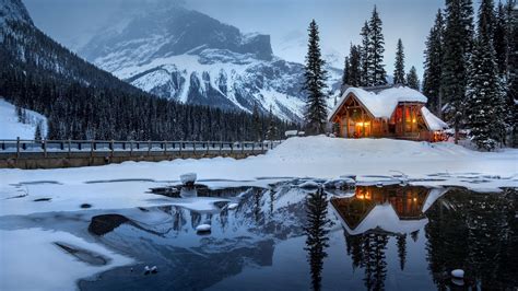 Noche Casa Lago Nieve árboles Luces Fondos De Pantalla 1600x900