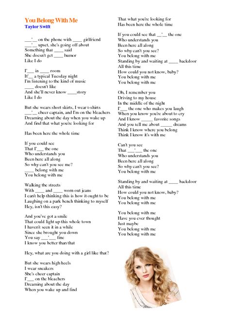 Song Worksheet You Belong With Me By Taylor Swift Songs Learn