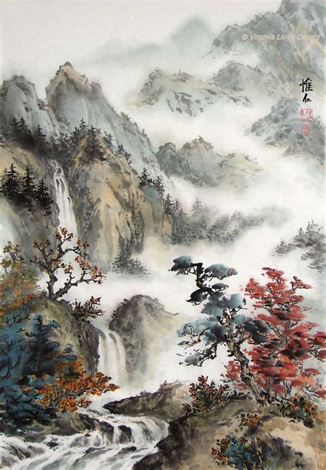 Chinese Brush Painting Of Misty Mountains Waterfalls And Rapids