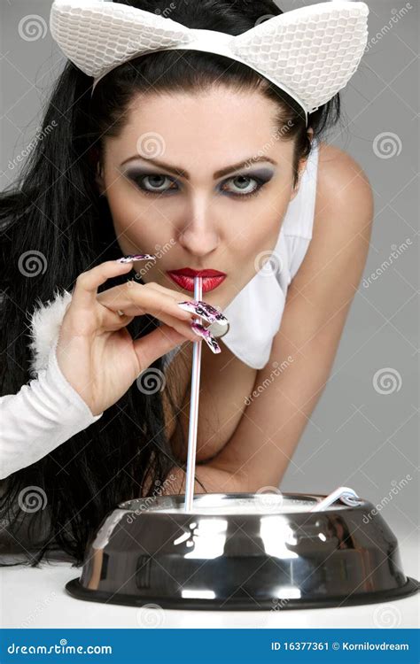 Model In Latex White Cat Costume Drinking Milk Stock Image Image Of