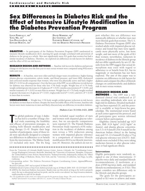 Pdf Sex Differences In Diabetes Risk And The Effect Of Intensive Lifestyle Modification In The