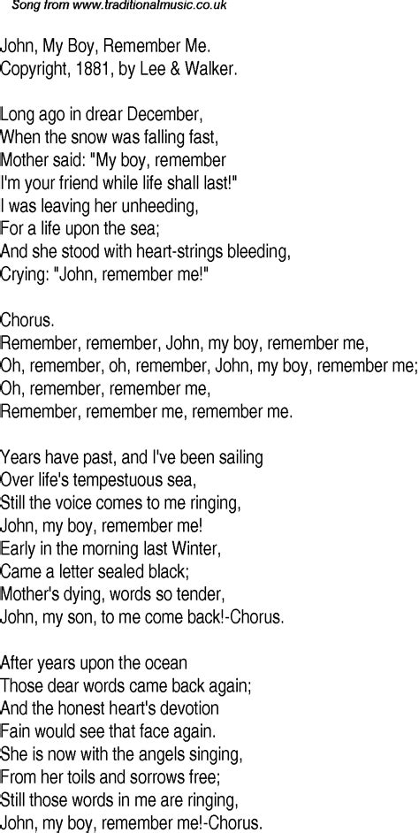 Old Time Song Lyrics For 13 John My Boy Remember Me