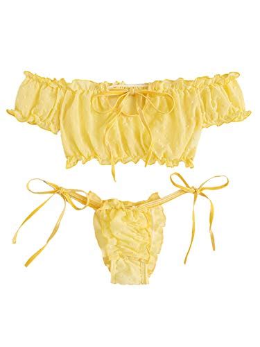 Buy Womens Self Tie Ruffle Trim Dobby Mesh Lingerie Set Sexy Bra And