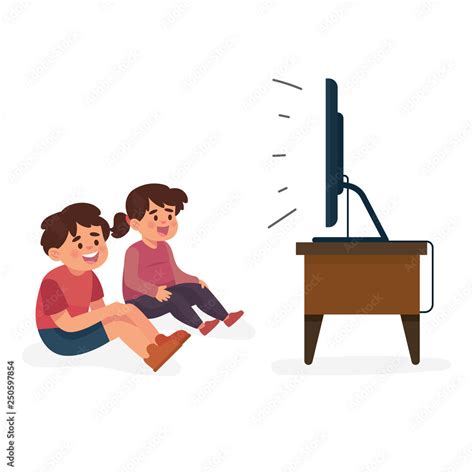 Vector Illustration Happy Kids Watching Tv Boy And Girl Watching Tv