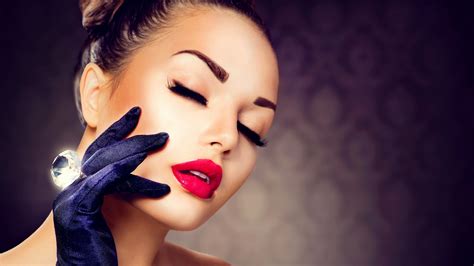 Girl Makeup Red Lipstick Eyelashes Gloves Diamond Ring Wallpaper