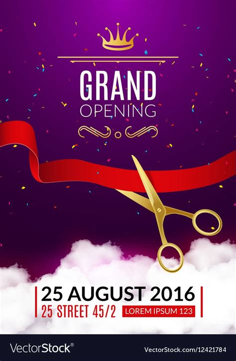 Grand Opening Poster With Scissors And Red Ribbon In The Clouds On