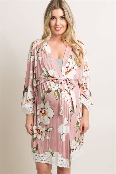Pink Floral Lace Trim Deliverynursing Maternity Robe Stylish Maternity Outfits Kimono
