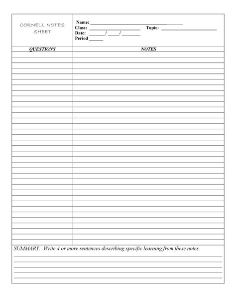 Cornell Method Of Note Taking Template