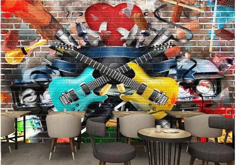 Wallpaper 3d Retro Graffiti Guitars On Brick Wall Design Mural Mural