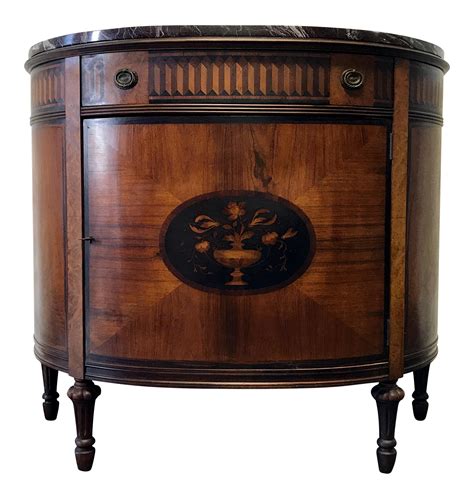 Inlaid Marquetry Marble Top Demilune Console Chest Cabinet by Johnson Handley Johnson | Chairish