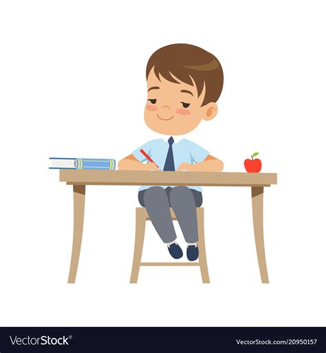 Cute Boy Sitting At The Desk And Writing Vector Image