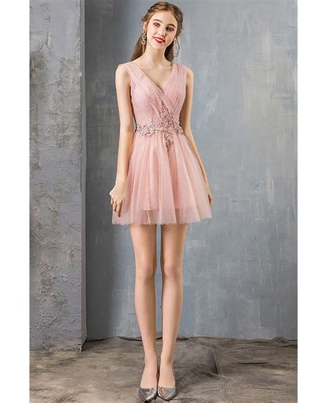 Pretty Short Tulle Pink Prom Dress Cute Pleated Vneck Dm69059