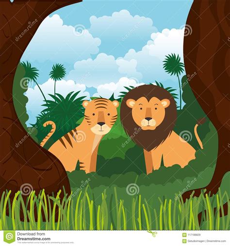Wild Animals In The Jungle Scene Stock Vector - Illustration of funny, clipart: 117188829