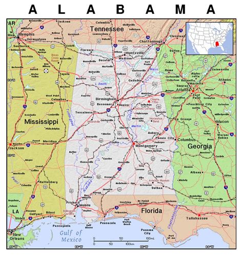 Detailed Map Of Alabama State With Relief Alabama State Usa Maps