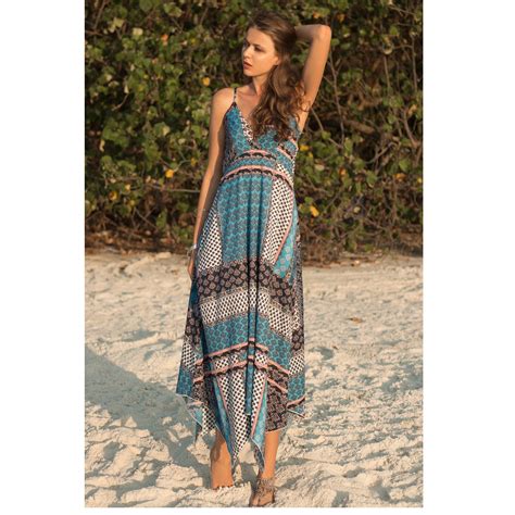 Buy Summer Backless Print Maxi Dress Beach Style Casual V Neck Sleeveless Strap
