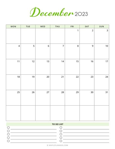 Free Printable December 2023 Monthly Calendar Monday Start