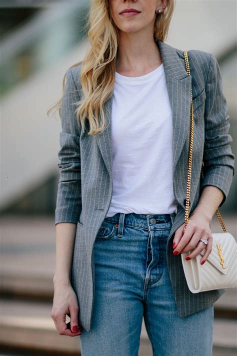 Pinstripe Blazer With White Tee And High Waist Jeans