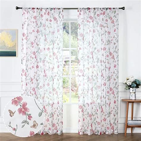 Tollpiz Sheer Floral Curtains Pink Flower Butterfly Printed Living Room Curtain Rod