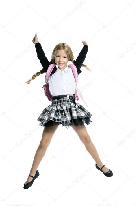 Full Length Stand Up Little Blond School Girl With Backpack Bag Stock