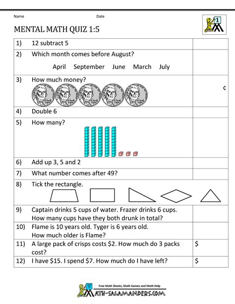 Practice online addition class 1 maths worksheets. First Grade Mental Math Worksheets