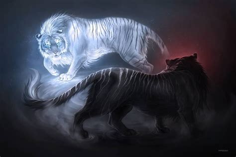 Two White Tiger Standing Next To Each Other On A Black Background With