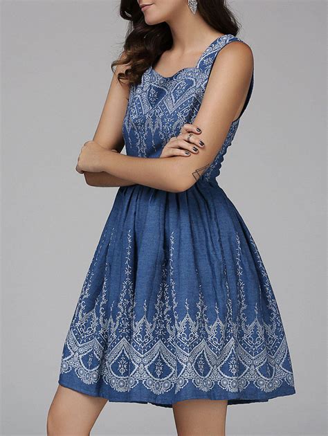 2018 Sleeveless Floral Pattern Denim Flare Dress In Denim Blue M