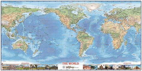 World Physical Map With Wonders Americas Centered The Map Shop
