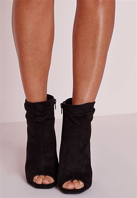 Missguided Ruched Detail Peep Toe Ankle Boots Black In Black Lyst