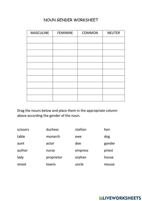 Noun Gender Worksheet Worksheet In 2023 Nouns Workbook School Subjects