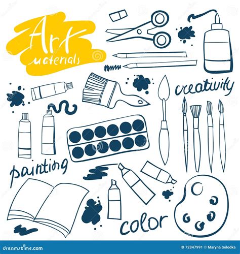 Doodle Art Materials Collection Hand Drawn Art Icons Set Vector