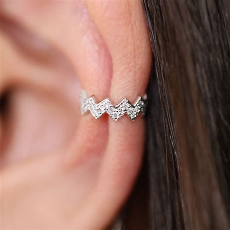 Diamond Cuff Earring Zig Zag Diamond Huggie With Chain Drop Earring