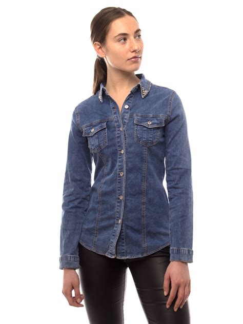 Womens Denim Shirt Top Ladies Fitted Stretch Blue Shirts Size 8 10 12 6