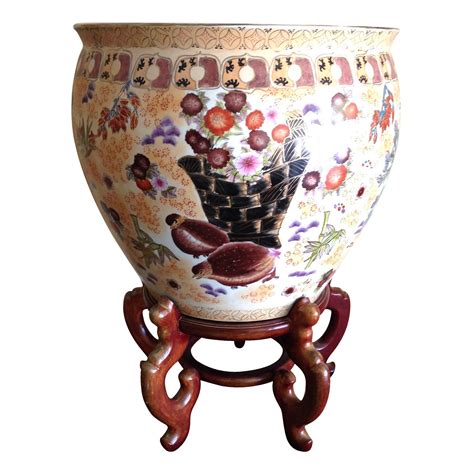 Antique victorian vaseline glass fish bowl with ornate gold painted stand with single bulb lamp. Large Antique Chinese Famille Fish Bowl & Stand | Chairish