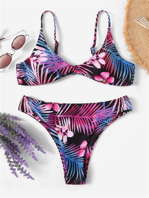Random Tropical Print Twist Front Bikini Set Sheinsheinside