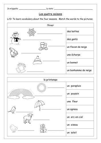 French The Four Seasons Les Quatre Saisons Worksheets Teaching
