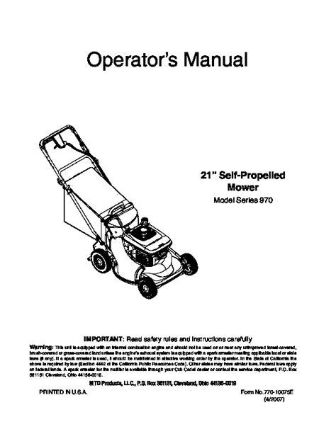 Mtd 970 Series 21 Inch Self Propelled Rotary Lawn Mower Owners Manual