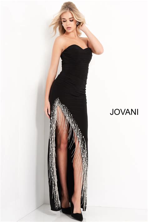Jovani 03972 Black Fringe Trim Slit Jersey Prom Dress