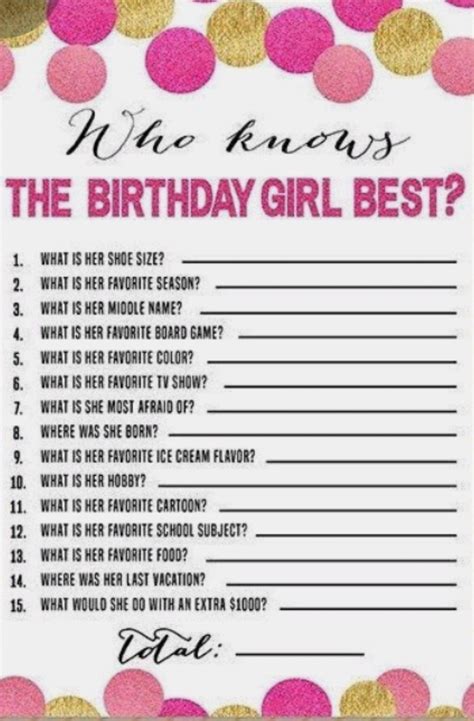 Who Knows The Birthday Girl Best Questionnaire Girls Birthday Party Games Birthday Quiz Cute