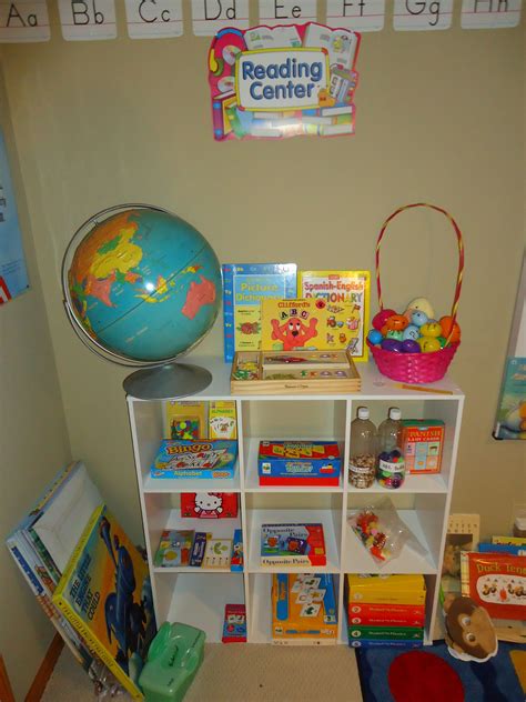 There Is A Book Shelf With Books And Toys On It In The Corner Of This Room