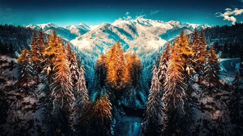 1366x768 Snow Landscape Mountains Trees Forest 5k 1366x768 Resolution