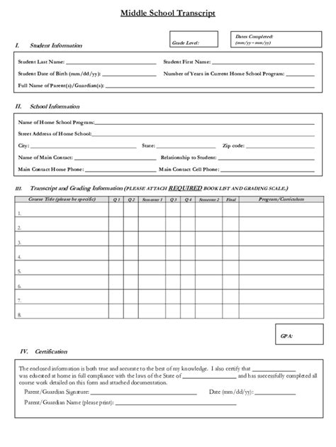 Middle School Transcript Template Fill Online Printable Fillable