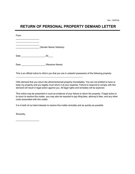 Personal Property Demand Letter PDF Word