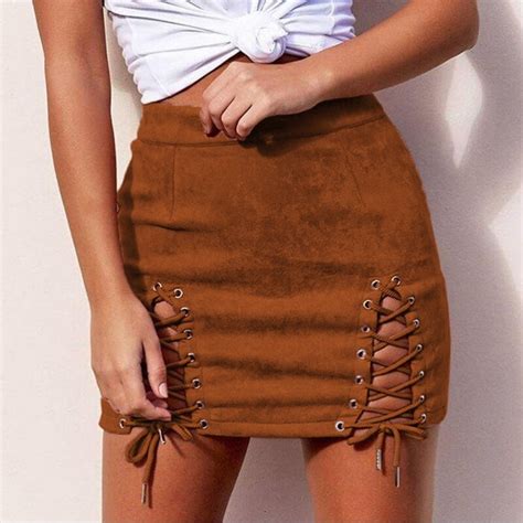 Ladies Suede Straps Sexy Package Hip Short Pencil Skirt Female Western Solid Slim Vintage Skirts